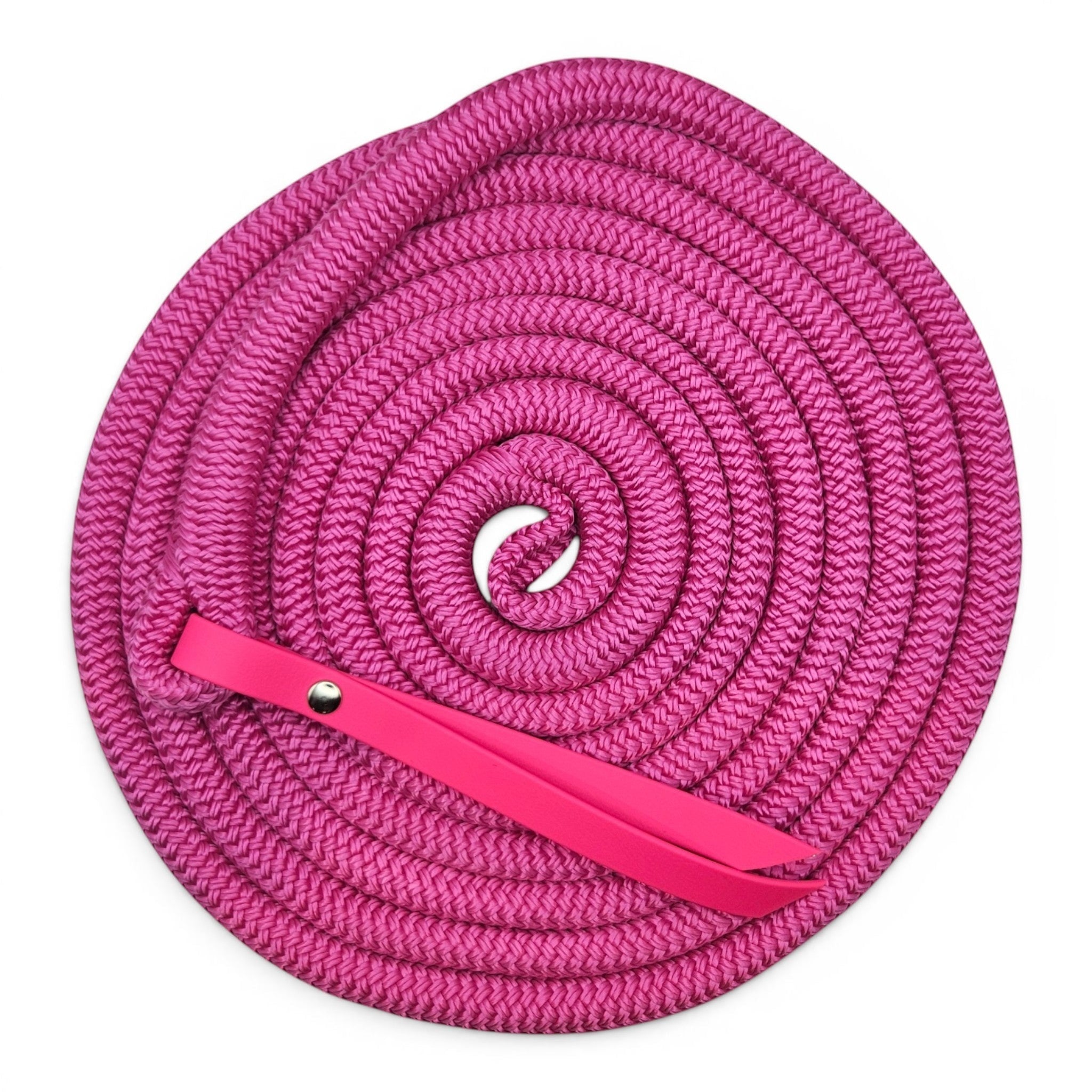 Ponies and Pups 15ft magenta BioThane popper groundwork rope made of PPM double braid with a silent spliced eye connection.