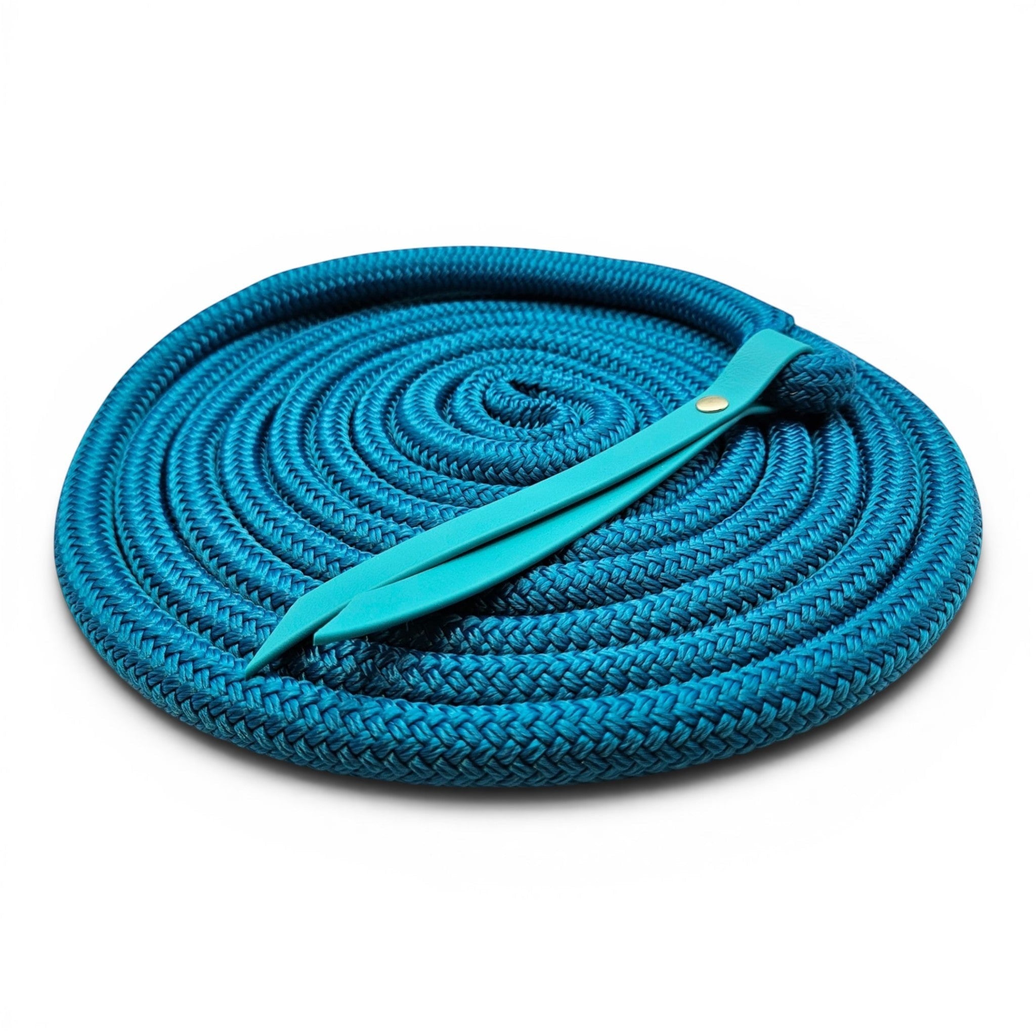 Ponies and Pups 15ft teal BioThane popper groundwork rope made of PPM double braid with a silent spliced eye connection.