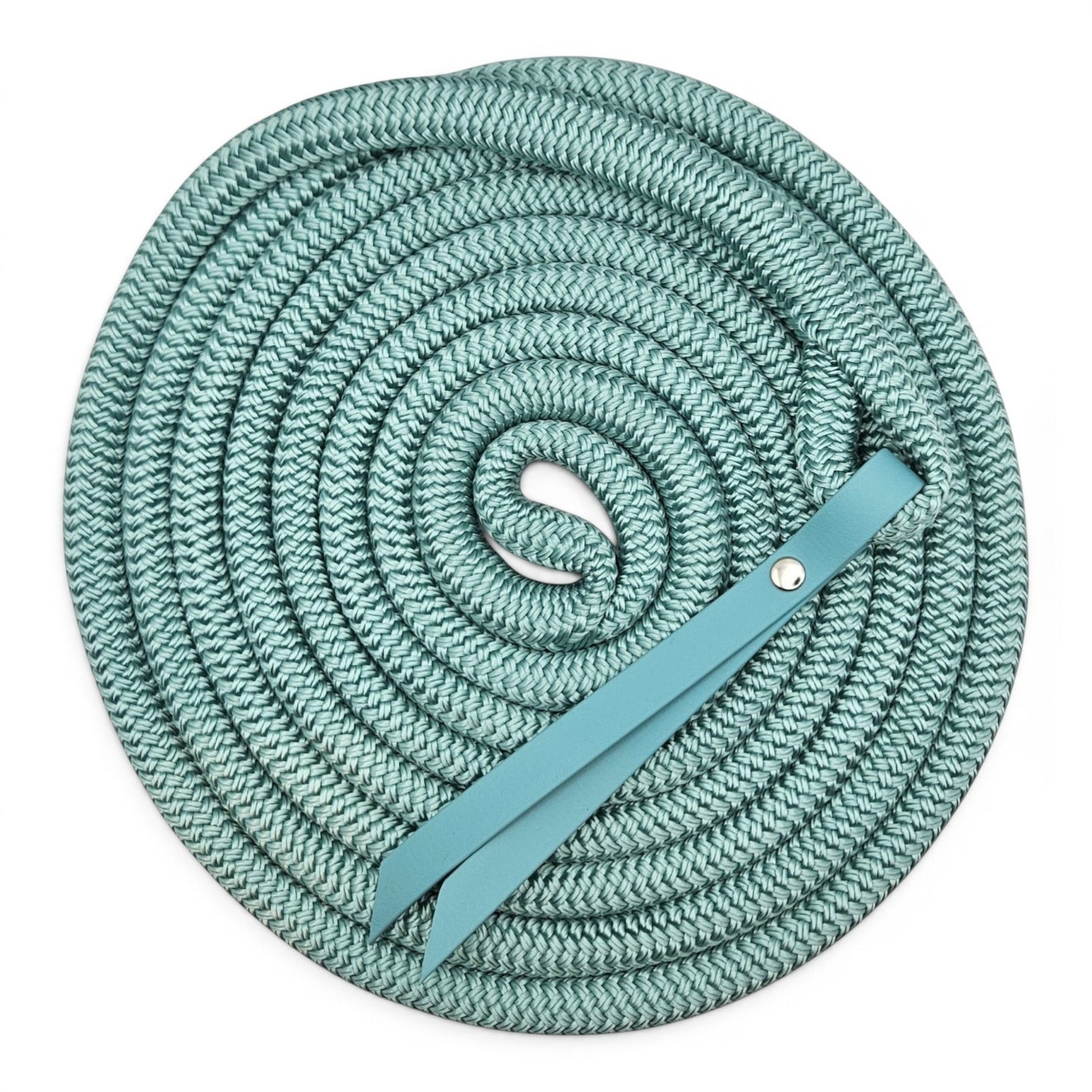 Ponies and Pups 15ft teal BioThane popper groundwork rope made of PPM double braid with a silent spliced eye connection.