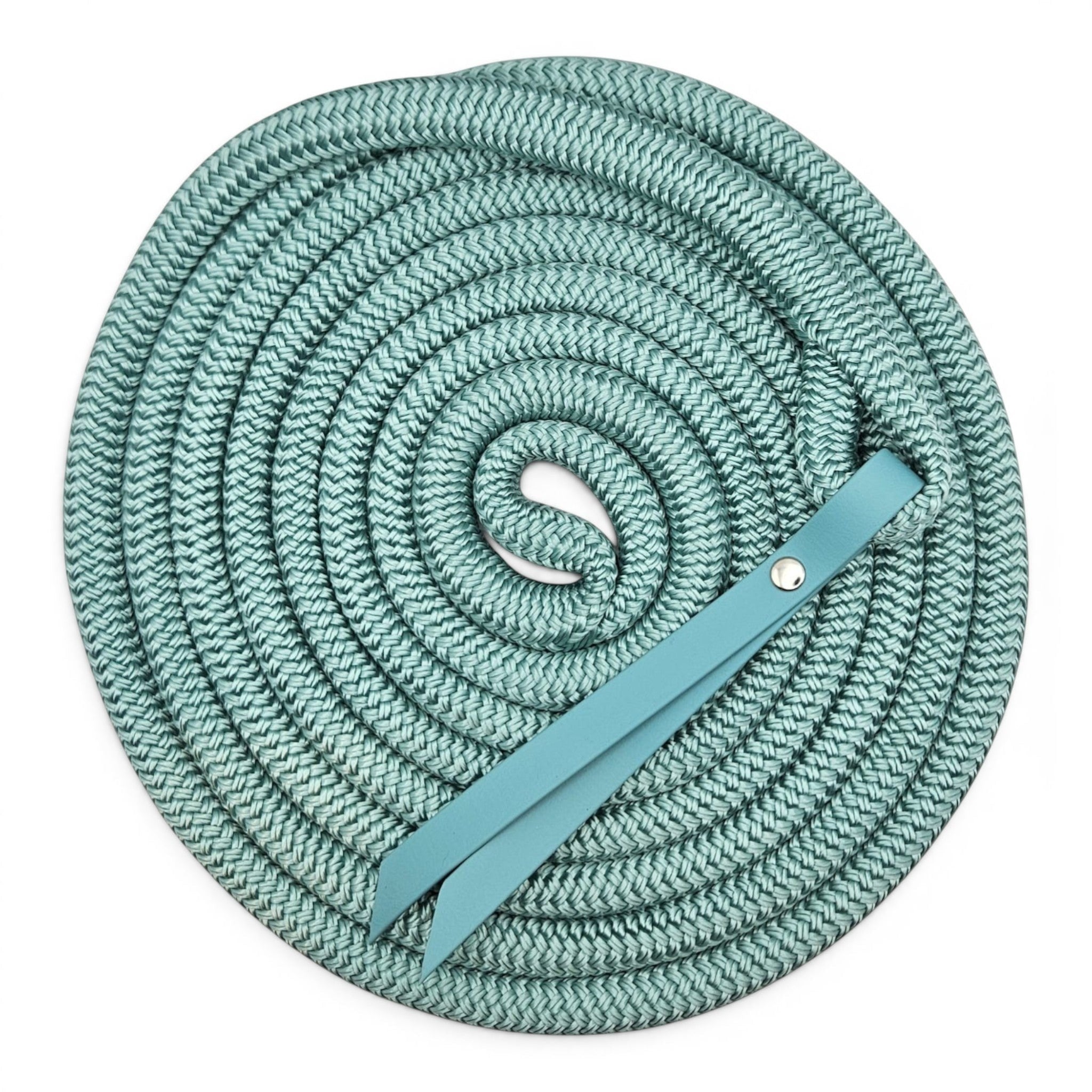 Ponies and Pups 15ft teal BioThane popper groundwork rope made of PPM double braid with a silent spliced eye connection.