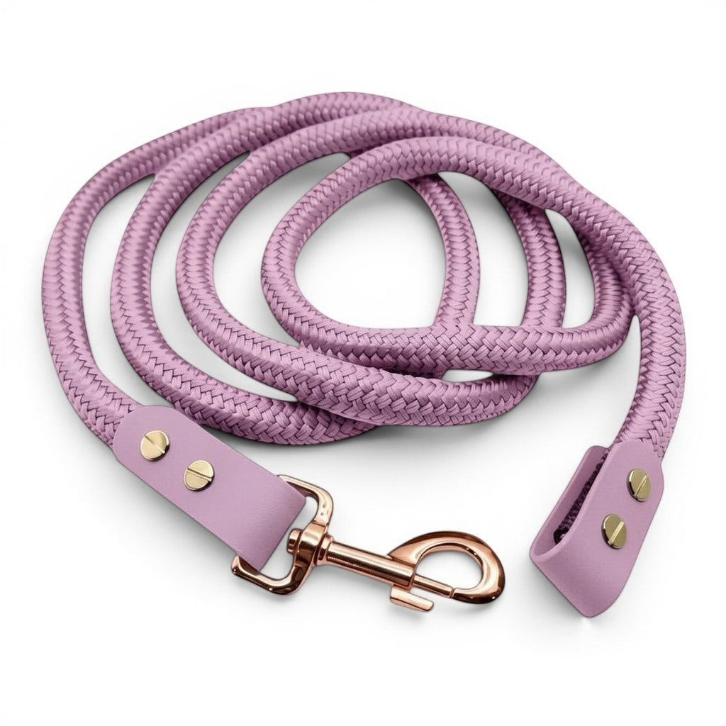 Ponies and Pups lavender double braided PPM lead rope with matching BioThane detailing and rose gold clip