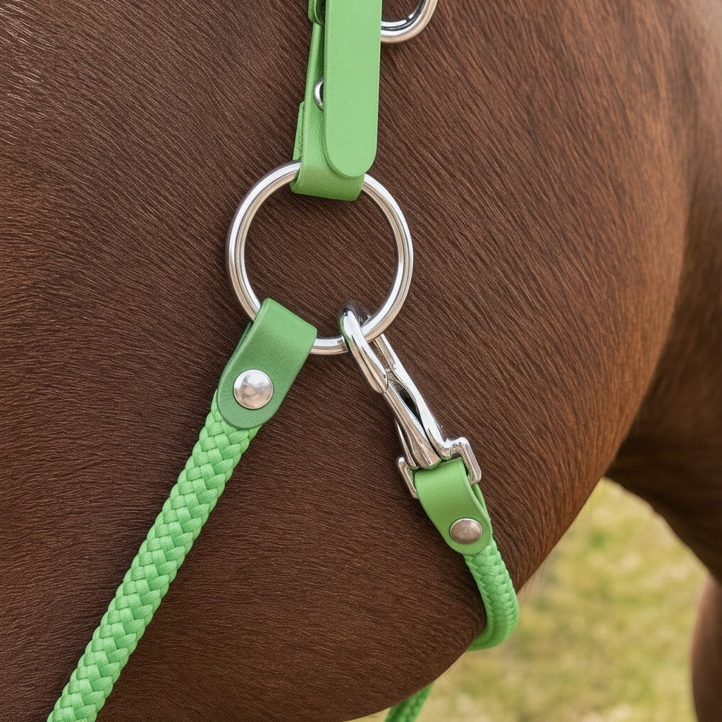 Ponies and Pups custom lime green BioThane and rope horse headcollar with stainless steel hardware on a brown horse.