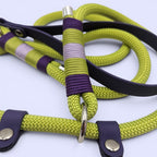 Ponies and Pups luxury lime green rope slip lead with purple BioThane handle, paracord whipping, and metal end caps.