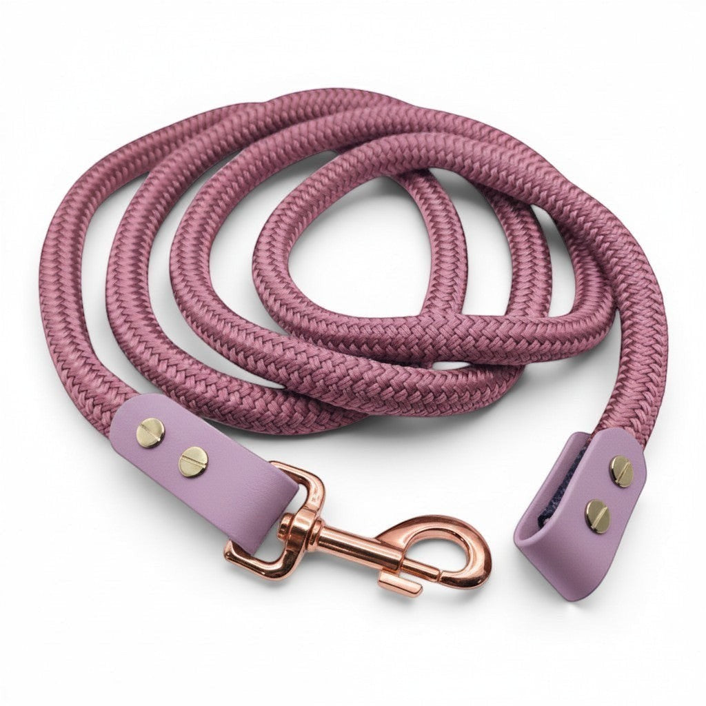 Handmade 14mm rope horse lead rope with BioThane detailing, made to order in 21+ BioThane and 18+ rope colours (shown in mauve with lilac BioThane).