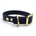 Ponies and Pups navy blue BioThane dog collar with gold hardware. Waterproof and adjustable.