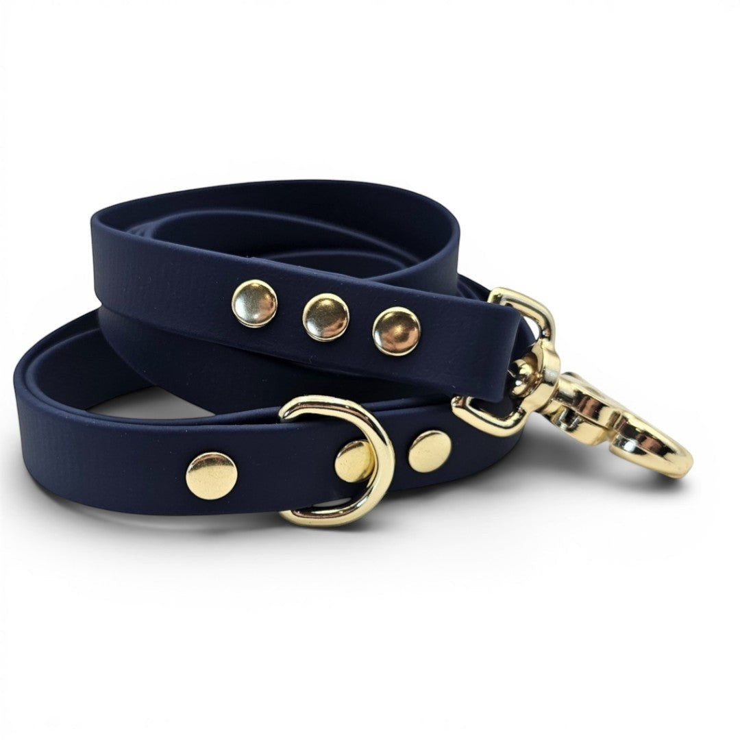 Ponies and Pups navy blue BioThane dog lead with gold hardware. Waterproof and stink-proof.