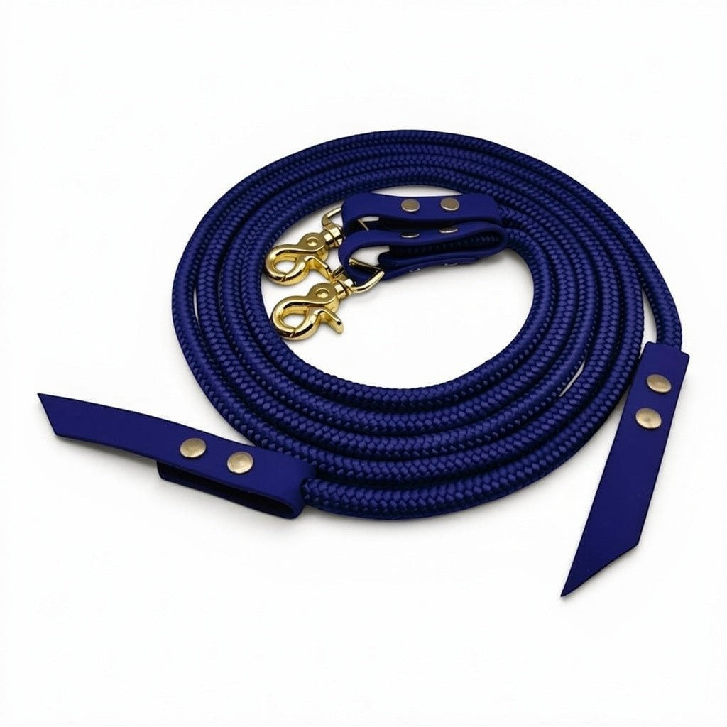 Ponies and Pups navy blue rope split reins with durable BioThane ends and gold swivel clips for horse riding.