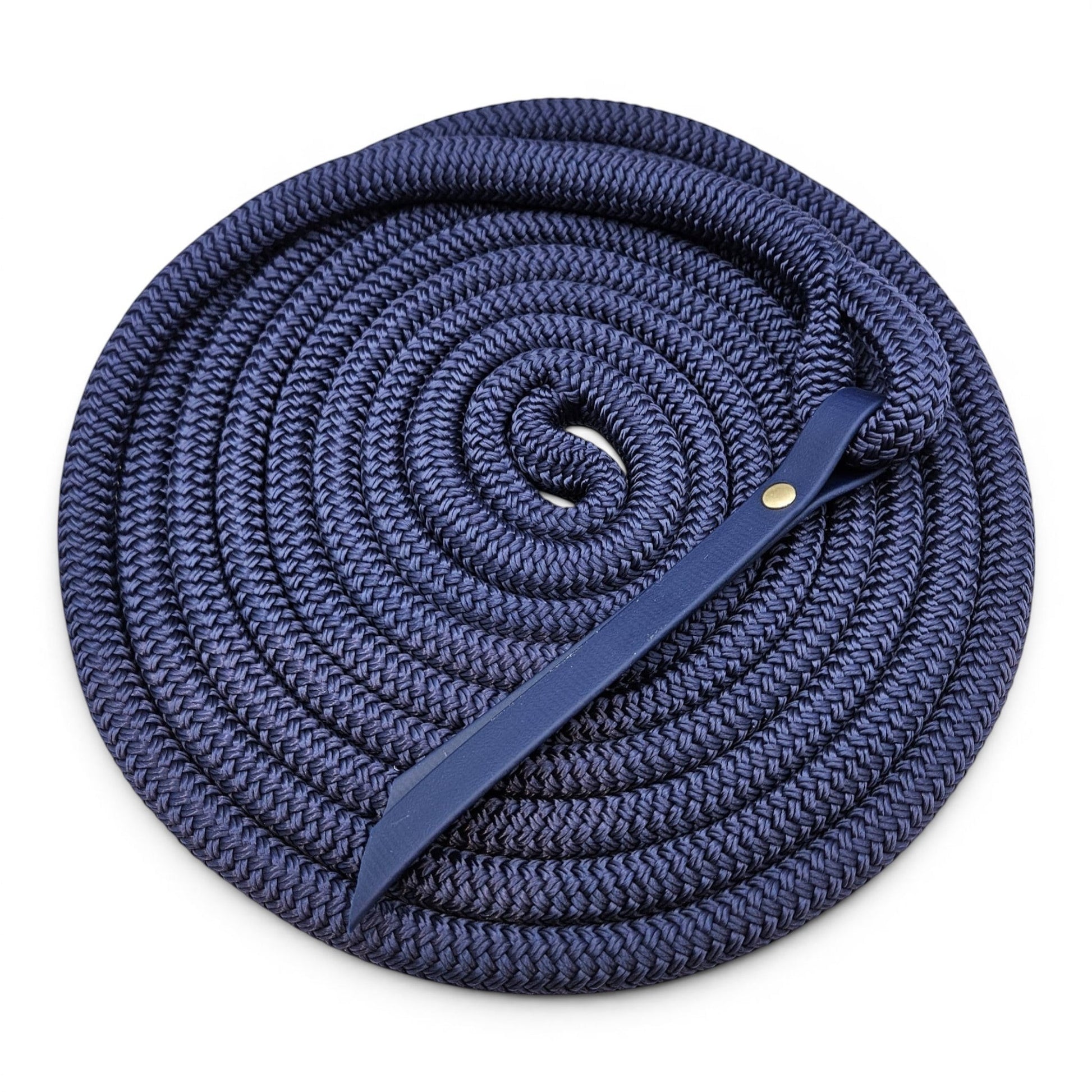 Ponies and Pups 15ft navy blue all-weather groundwork rope with BioThane popper and silent spliced eye connection.