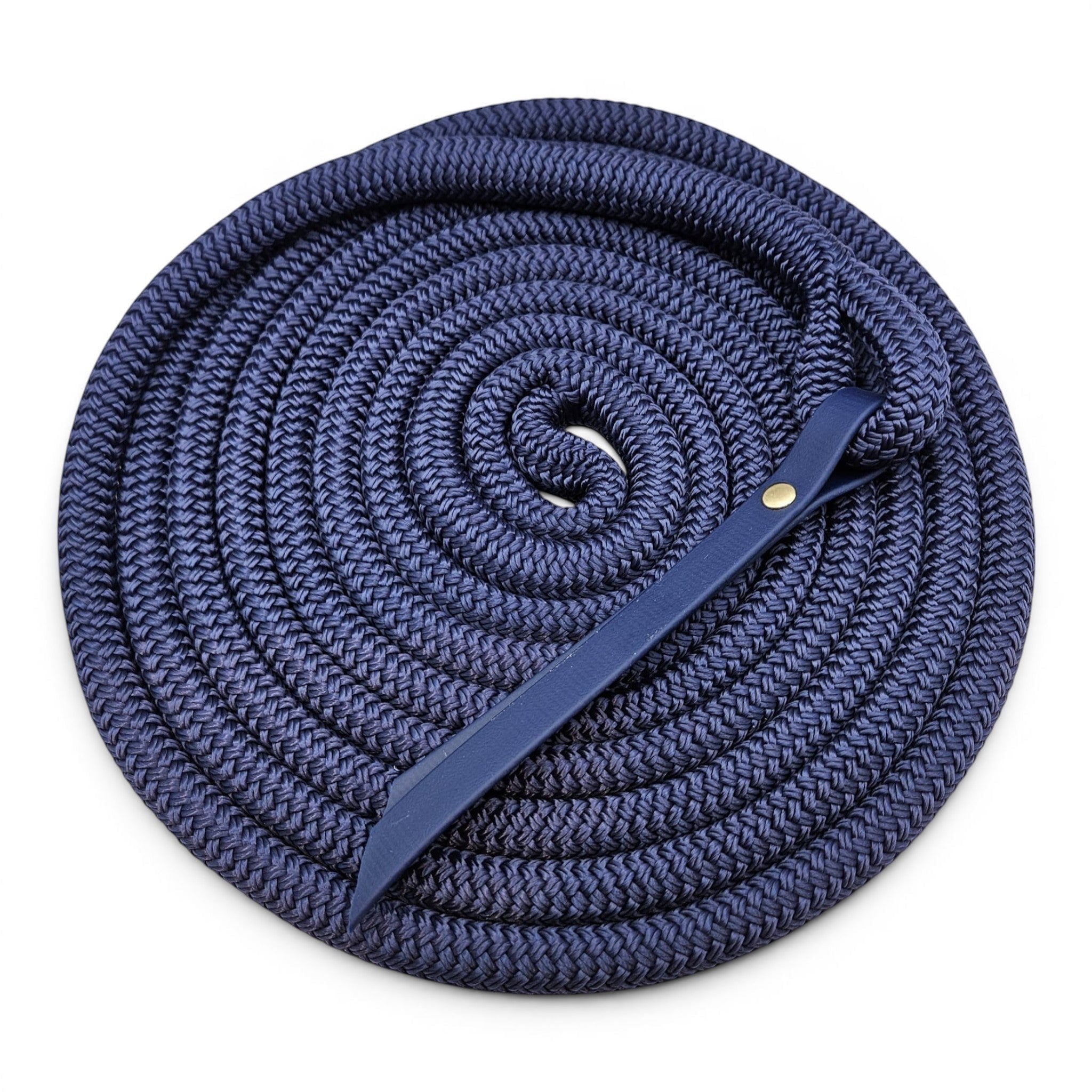 Ponies and Pups 15ft navy blue all-weather groundwork rope with BioThane popper and silent spliced eye connection.