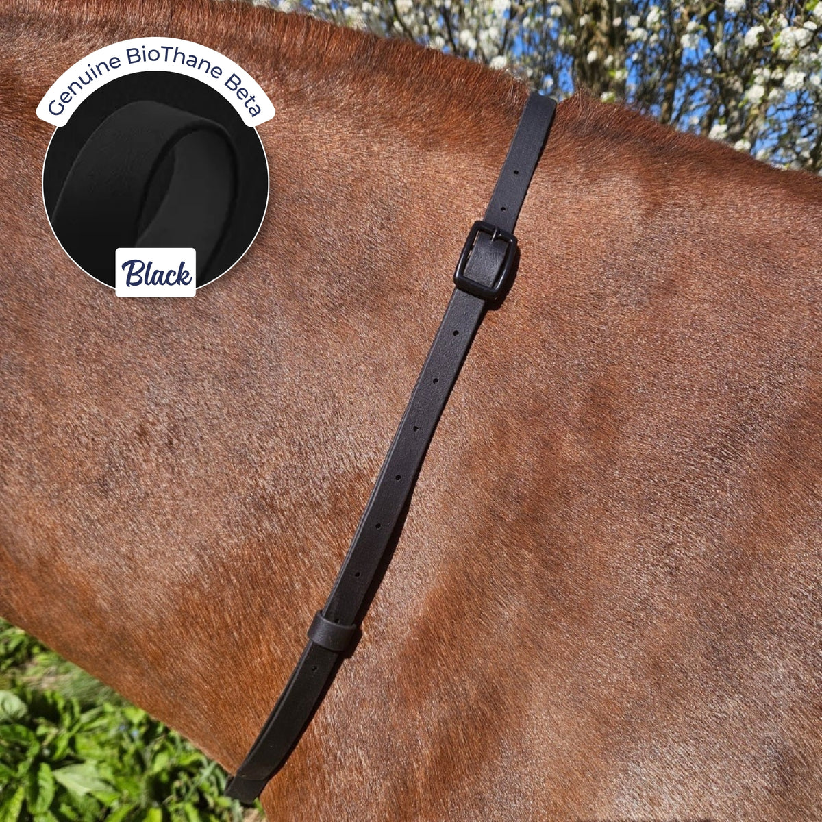 Adjustable BioThane Neck Strap in Black on a chestnut horse