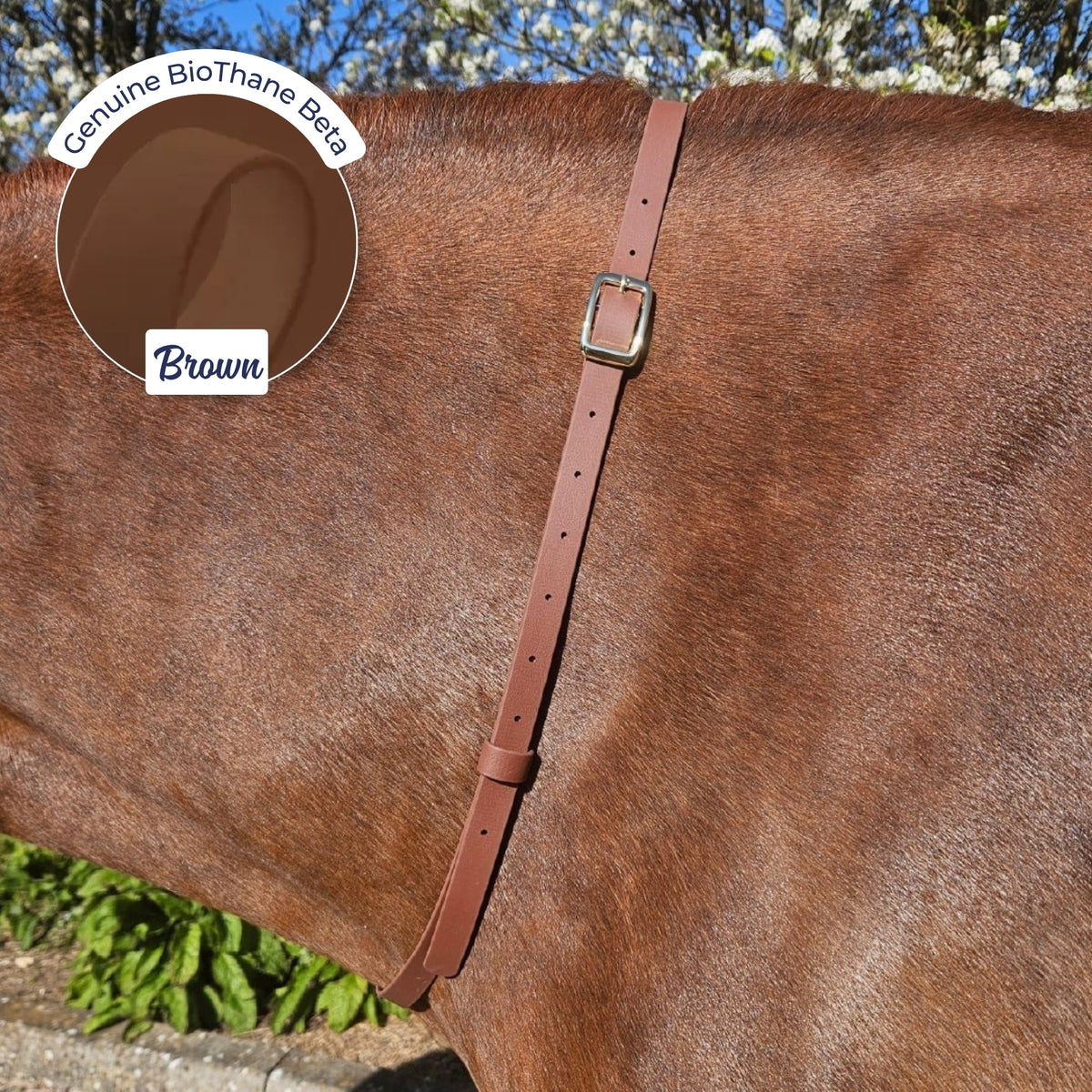 Adjustable BioThane Neck Strap in Brown on a chestnut horse