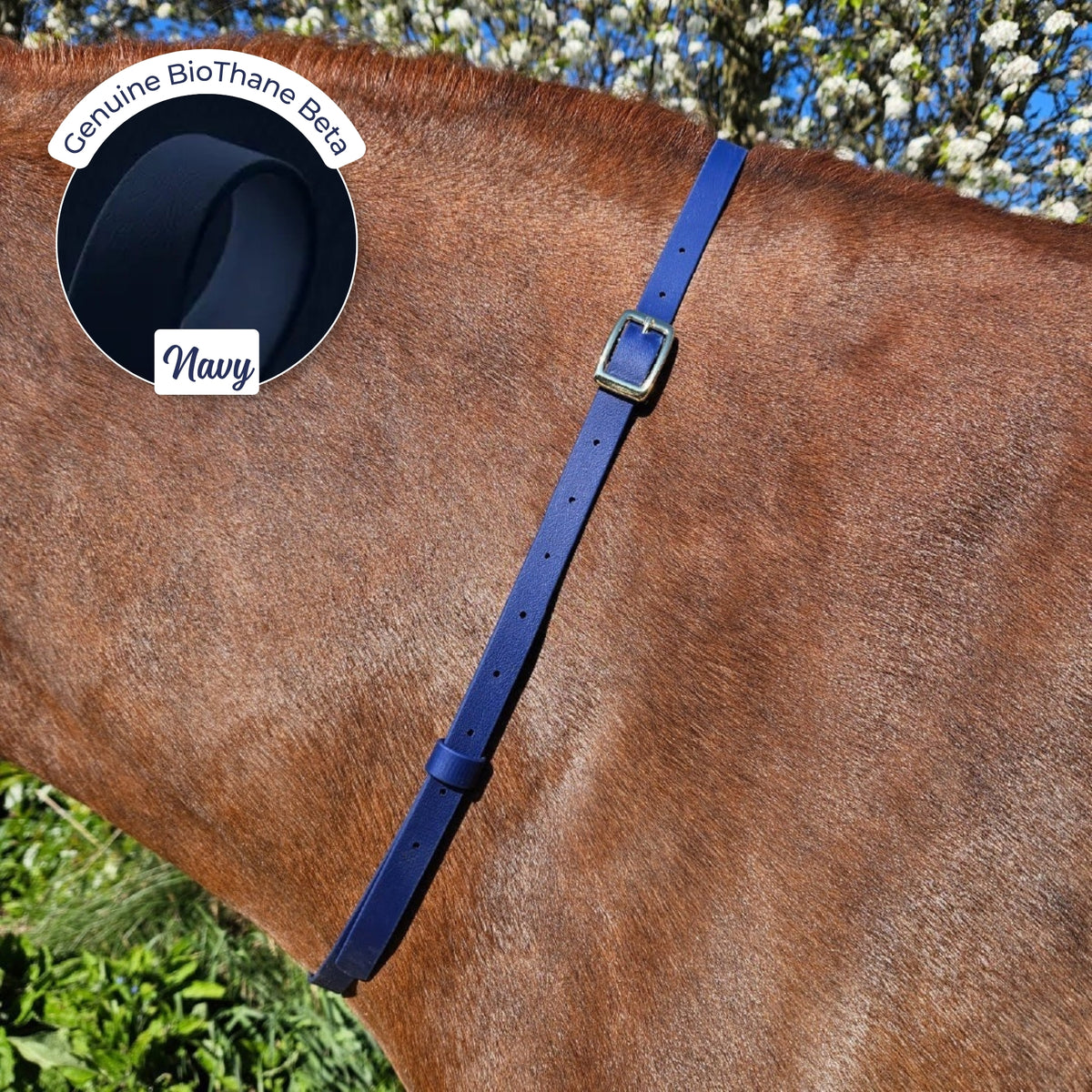 Adjustable BioThane Neck Strap in Navy on a chestnut horse