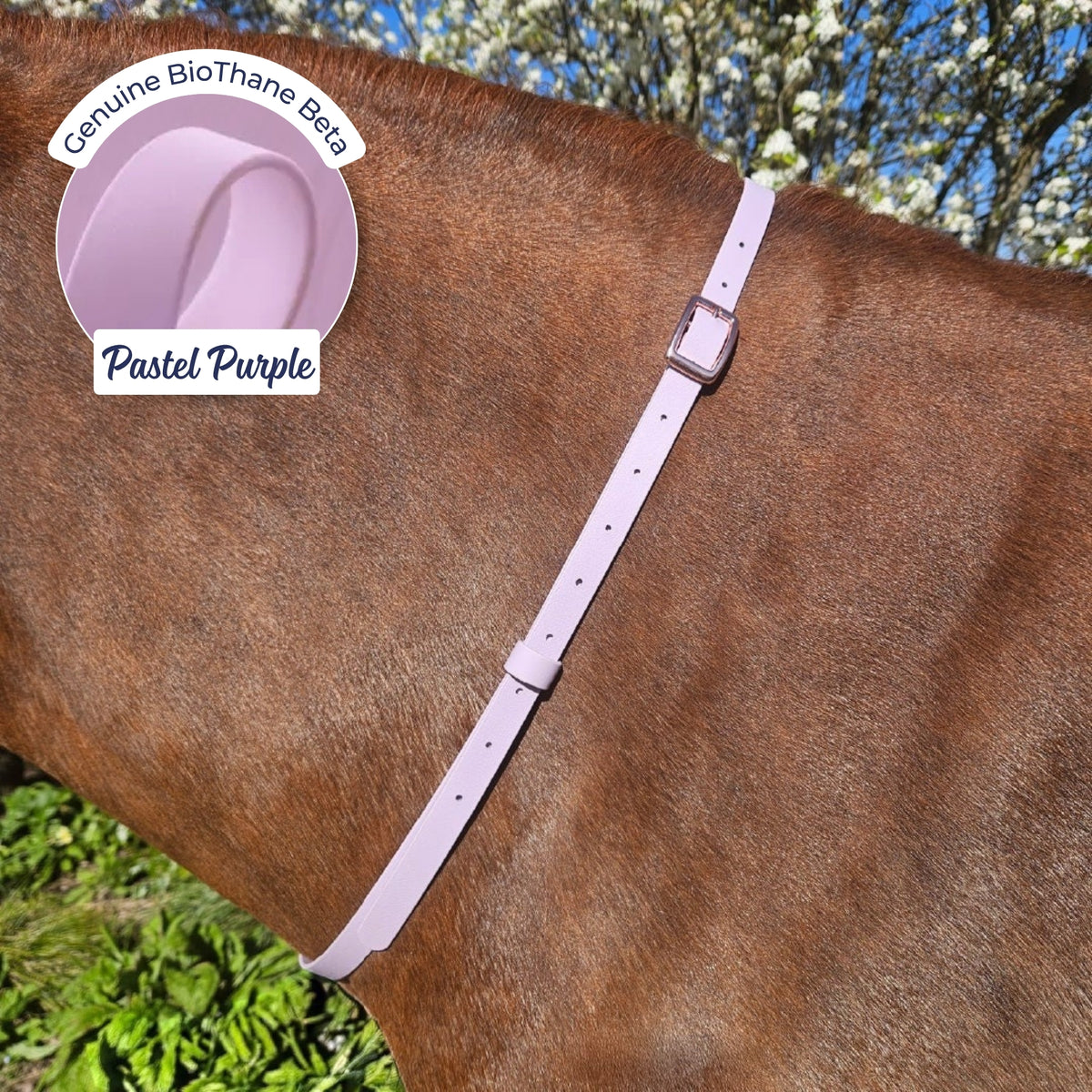 Adjustable BioThane Neck Strap in Pastel Purple on a chestnut horse