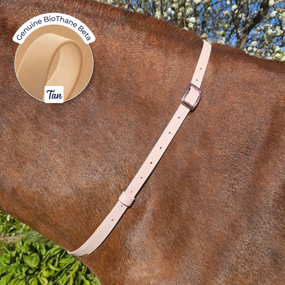 Adjustable BioThane Neck Strap in Tan on a chestnut horse