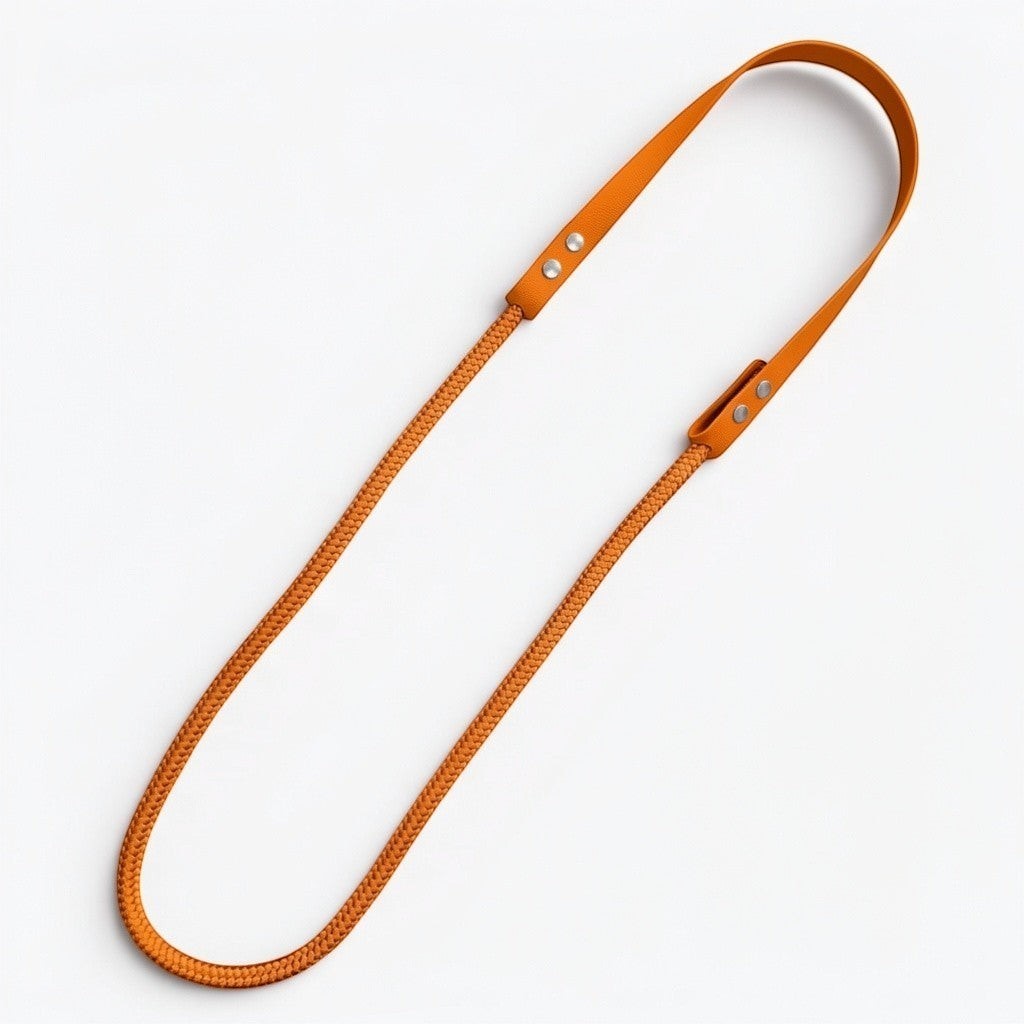 Ponies and Pups orange BioThane and rope liberty neck rope for bridleless horse riding on a white background.
