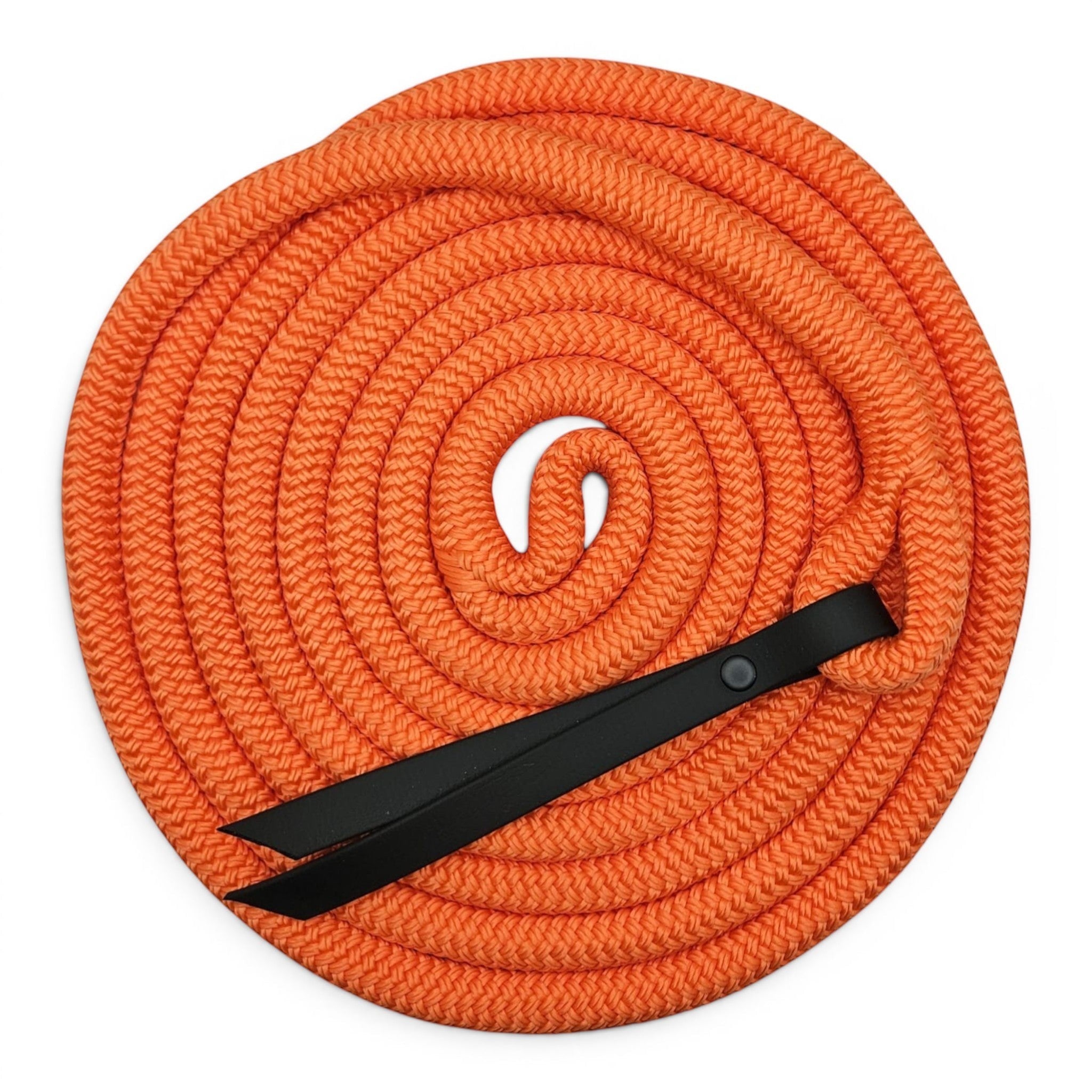 Ponies and Pups 15ft orange PPM double braid groundwork rope with black BioThane popper and silent spliced eye
