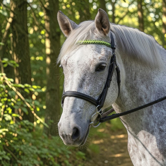 Ponies and Pups custom two-tone paracord and BioThane browband in lime green on a dapple grey horse in a forest.