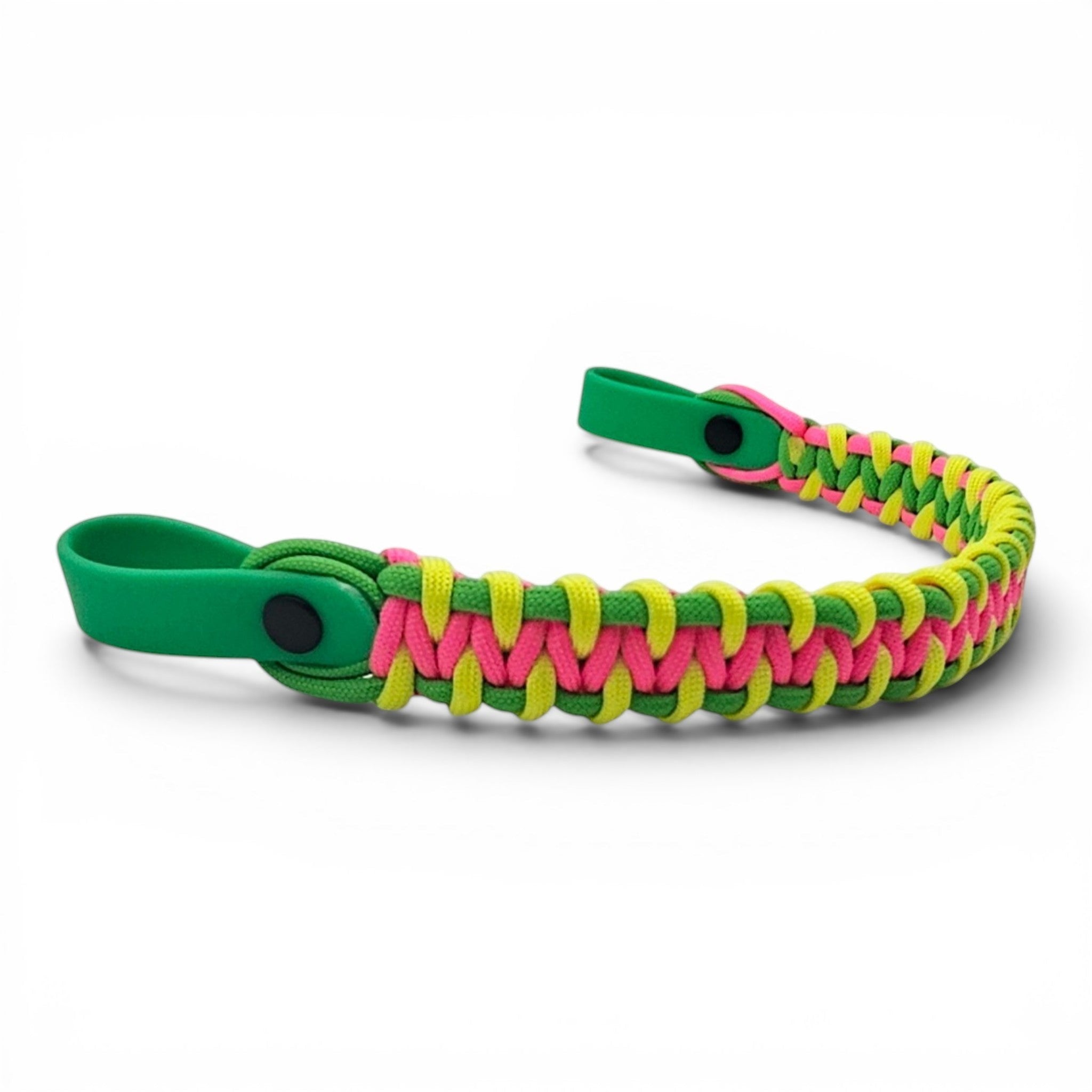 Ponies and Pups custom 3-colour paracord and green BioThane browband with intricate pink, yellow, and green weave.