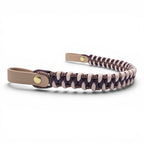 Ponies and Pups custom 3-colour woven paracord and beige BioThane horse browband with gold hardware.