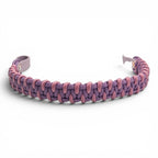 Ponies and Pups custom browband featuring a woven pink and purple paracord design on a durable BioThane base.