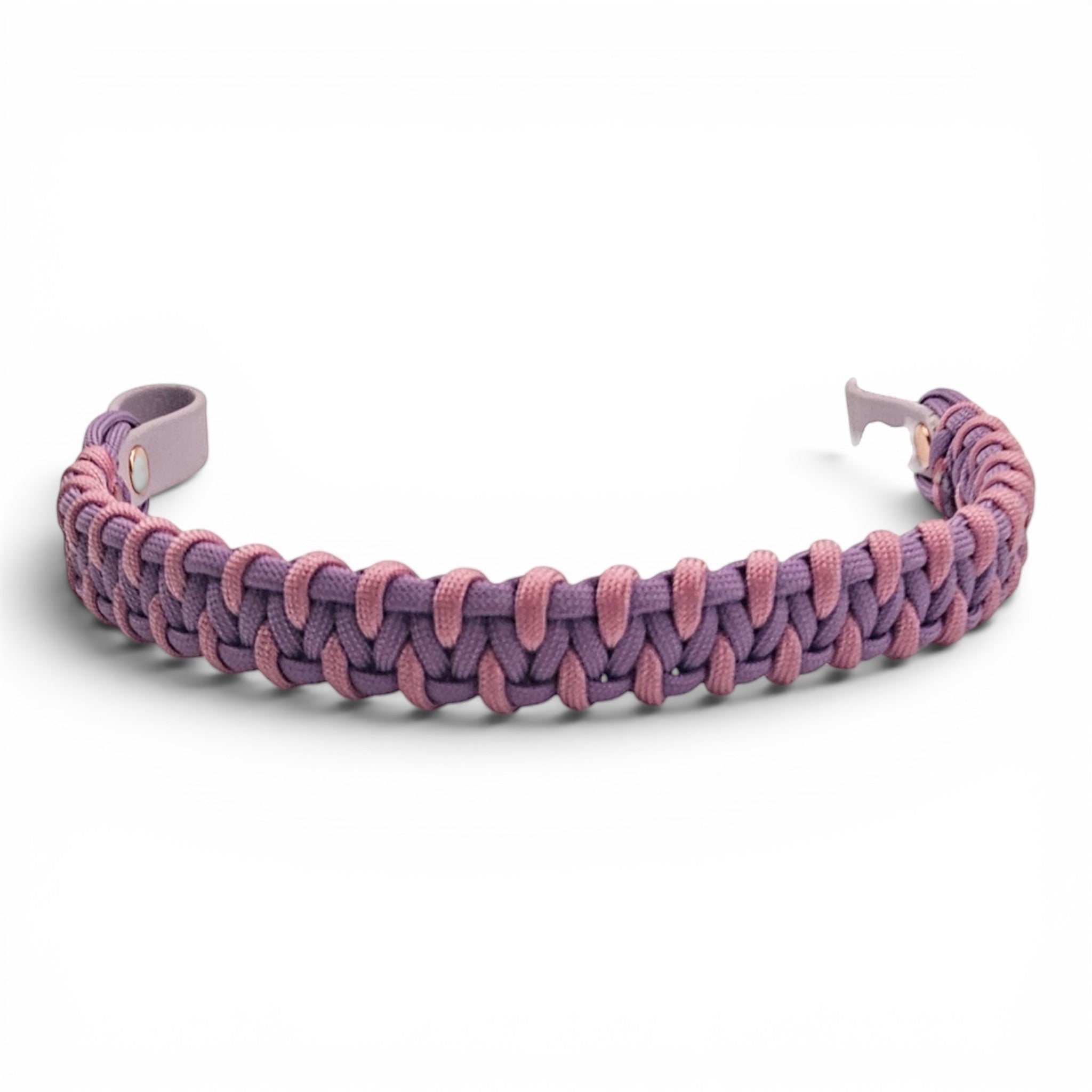 Ponies and Pups custom browband featuring a woven pink and purple paracord design on a durable BioThane base.