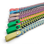 Ponies and Pups custom 3-colour paracord and BioThane browbands in various vibrant woven patterns and hardware finishes.