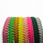 Ponies and Pups custom paracord browbands in a variety of vibrant colours including neon green, pink, and gold.