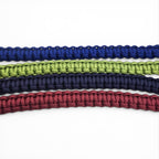 Ponies and Pups custom paracord browbands in blue, lime green, navy, and burgundy woven designs.
