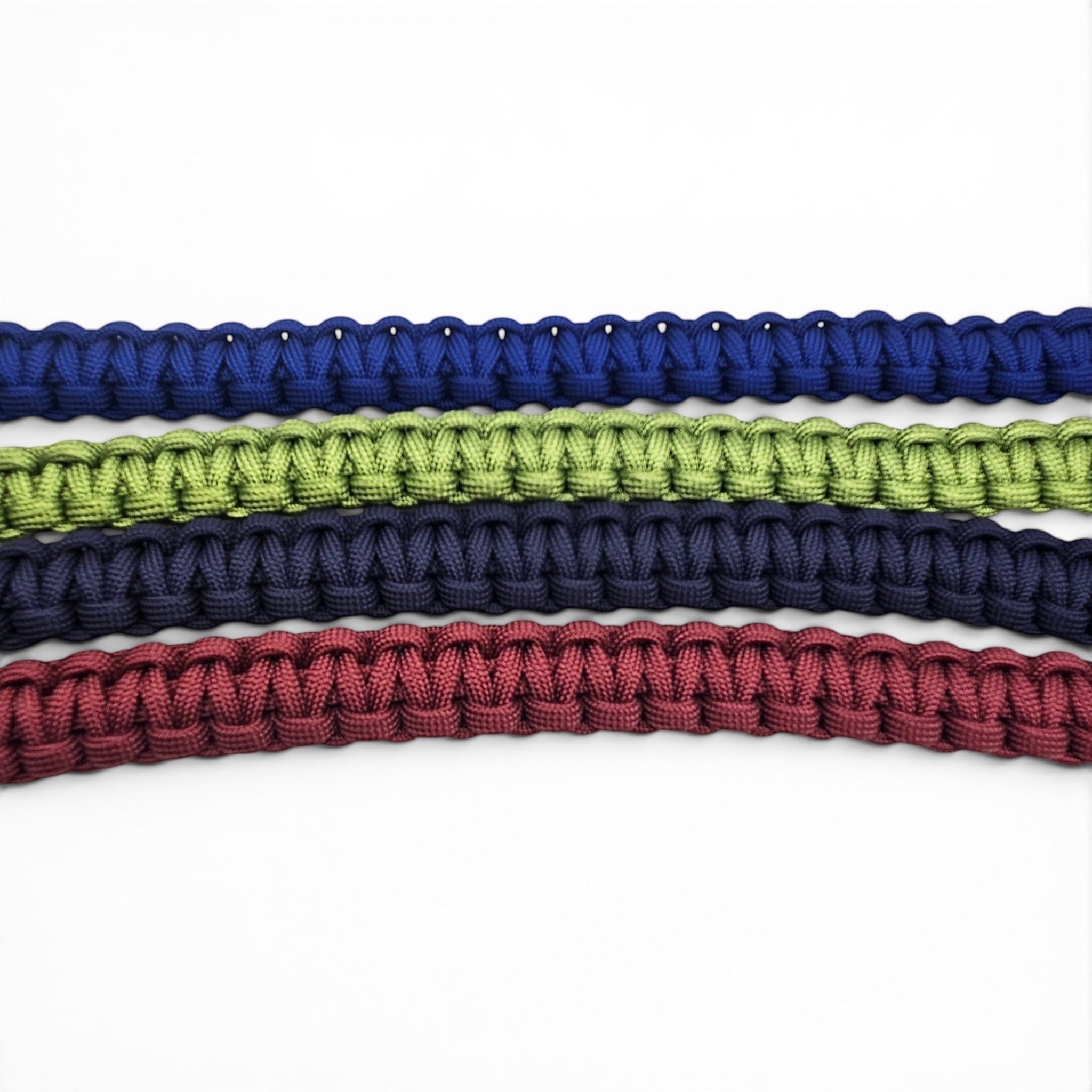 Ponies and Pups custom paracord browbands in blue, lime green, navy, and burgundy woven designs.