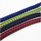 Ponies and Pups custom paracord browbands in blue, lime green, navy, and burgundy woven designs.
