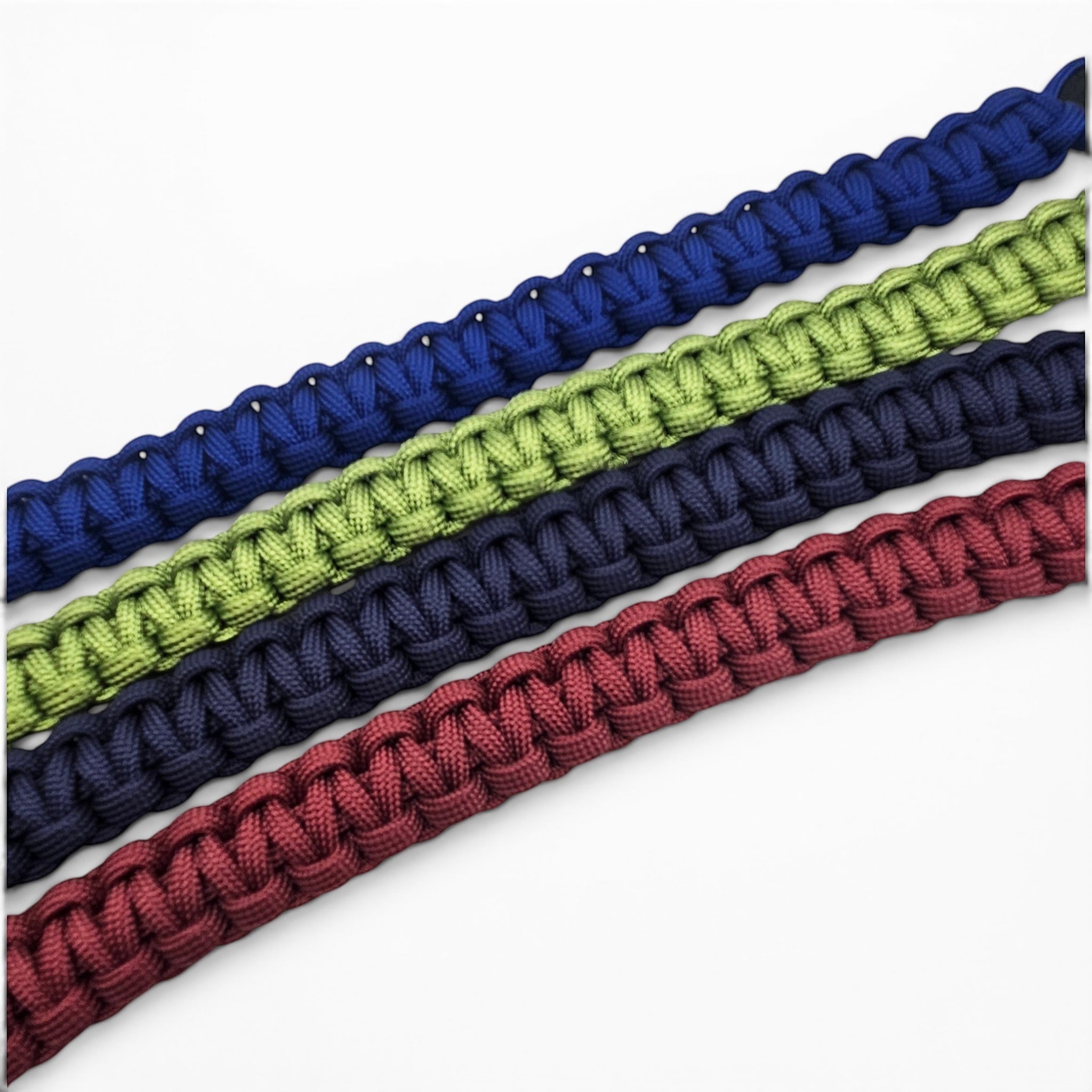 Ponies and Pups custom paracord browbands in blue, lime green, navy, and burgundy woven designs.