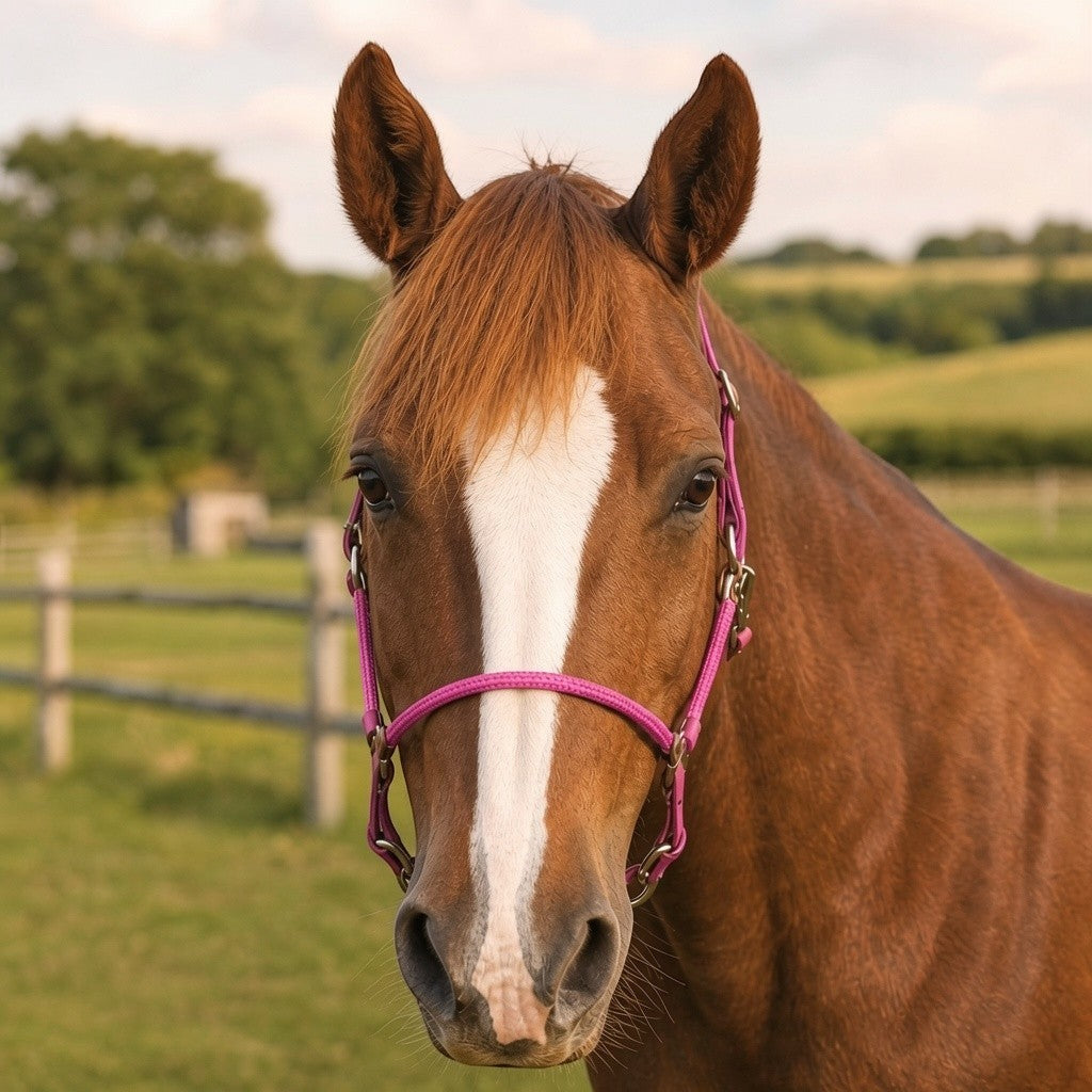 Ponies and Pups custom pink rope and BioThane headcollar on a chestnut horse in a sunny field