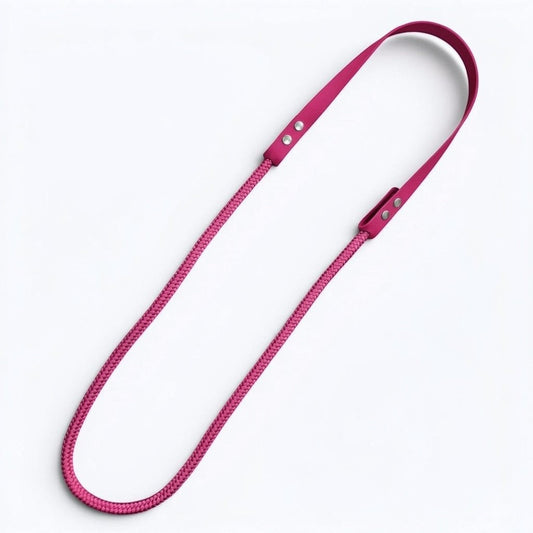 Ponies and Pups custom pink BioThane and PPM rope liberty neck rope for bridleless horse riding.
