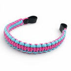 Ponies and Pups custom two-tone pink and blue woven paracord browband with black waterproof BioThane end loops.