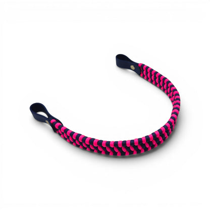 Ponies and Pups flat hunter style browband in pink and navy paracord with durable BioThane loops for horse bridles.
