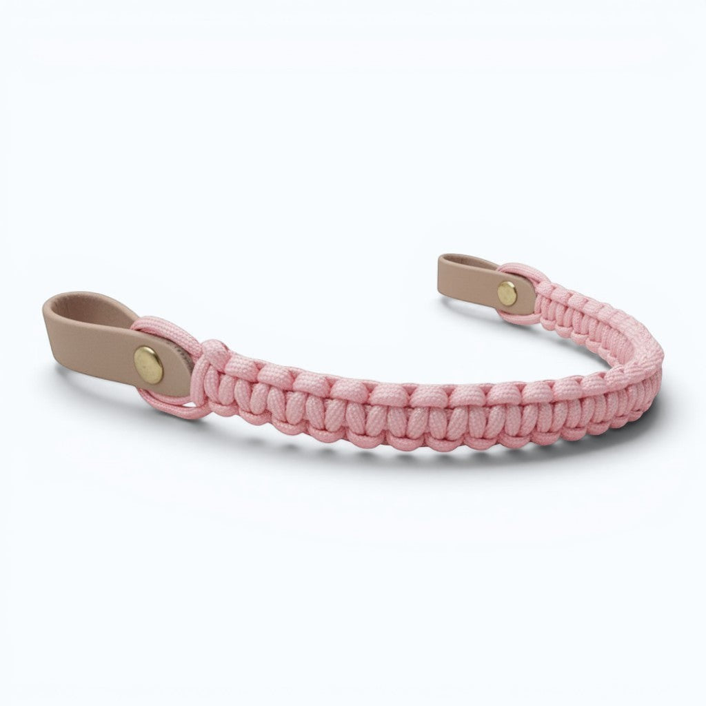 Ponies and Pups custom pink paracord browband with durable tan BioThane loops and brass hardware for horse tack.