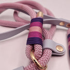Ponies and Pups luxury pink rope slip lead with waterproof BioThane handle, gold hardware, and paracord whipping.