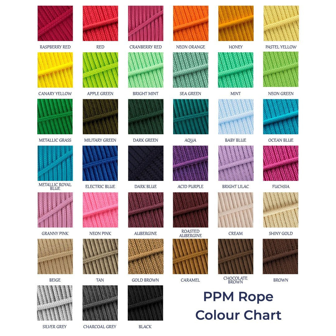 Ponies and Pups PPM rope colour chart showing a wide variety of vibrant and neutral weather-proof rope shades.