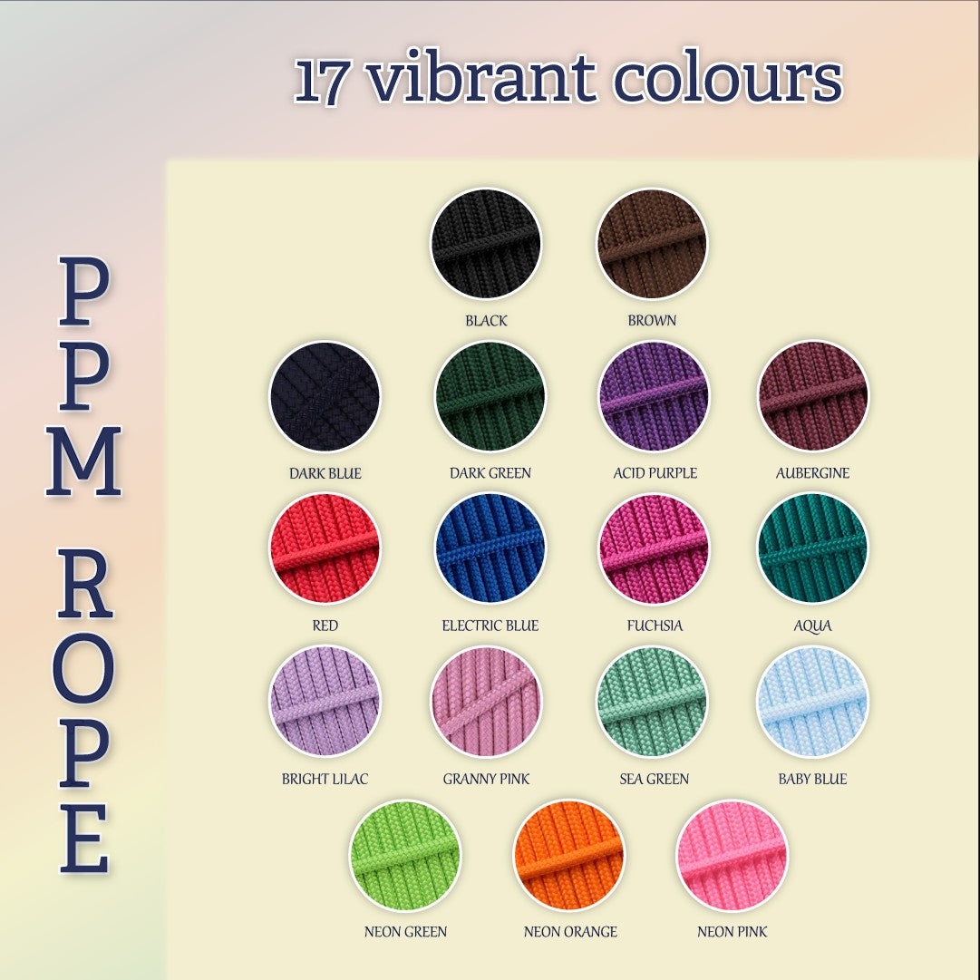Ponies and Pups PPM rope colour chart showing 17 vibrant shades for custom liberty neck ropes and equestrian gear.