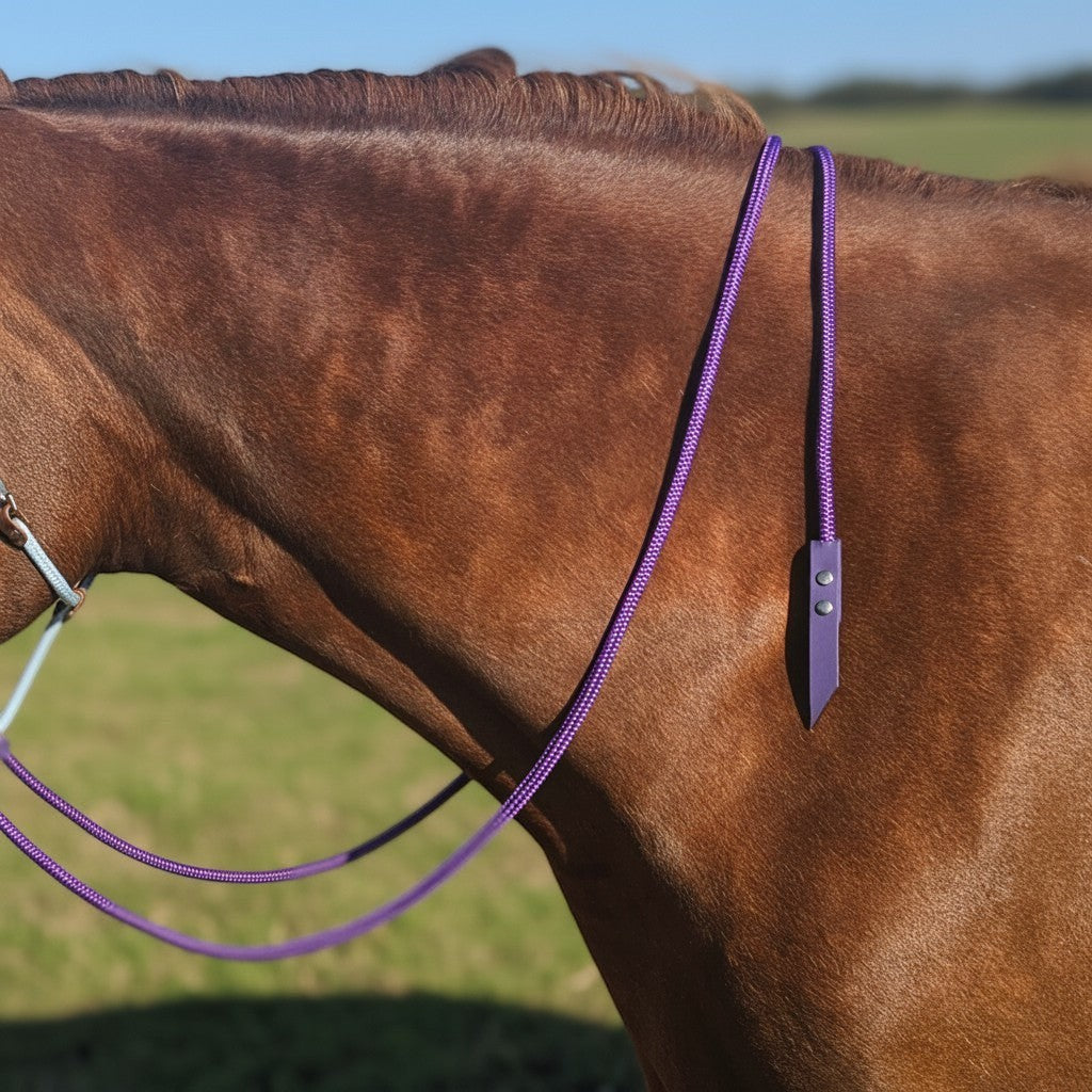 Handmade BioThane and rope split reins for bitless or bitted riding, made to order in 21+ BioThane and 18+ rope colours (shown in purple).