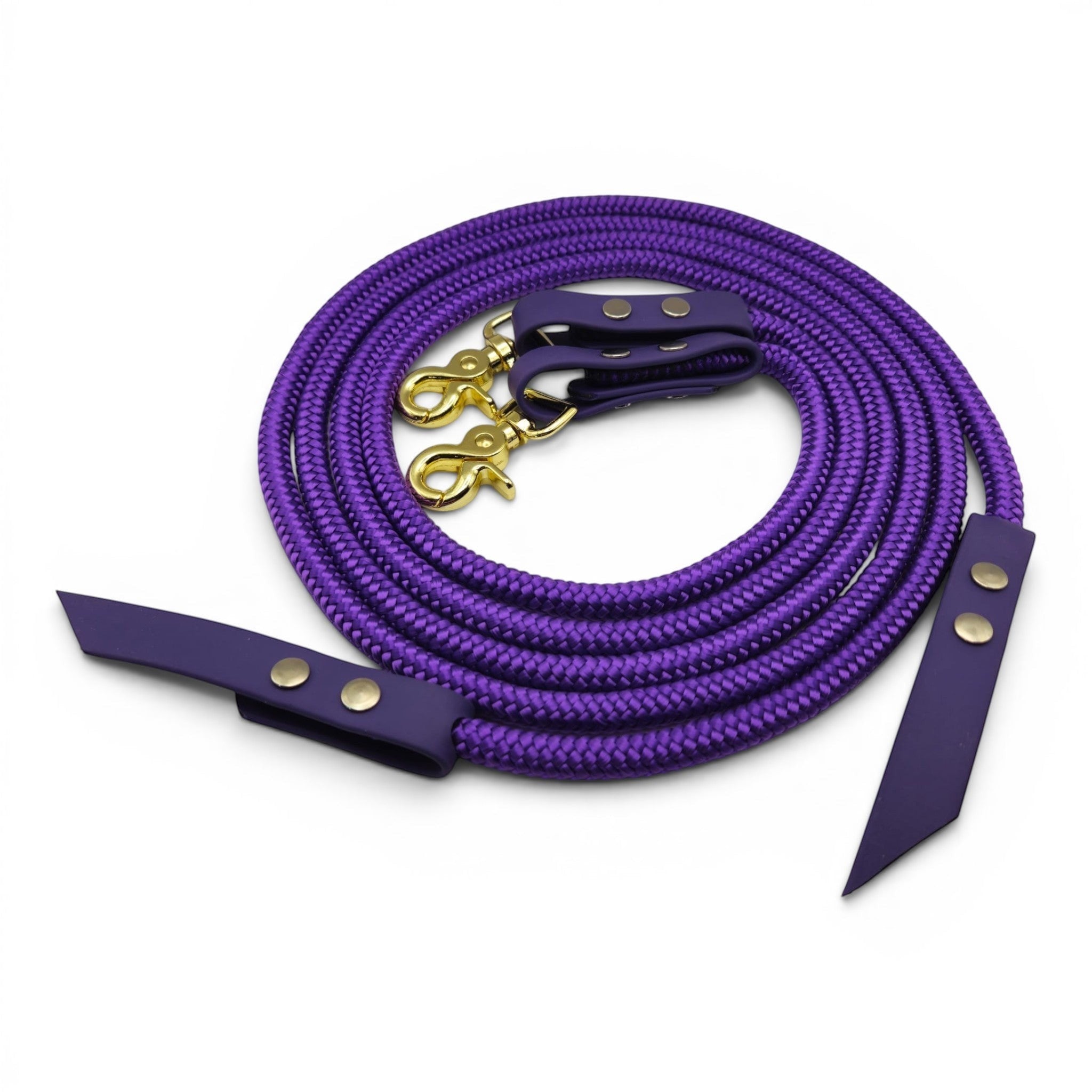 Ponies and Pups purple rope and BioThane split reins with gold swivel clips for equestrian riding