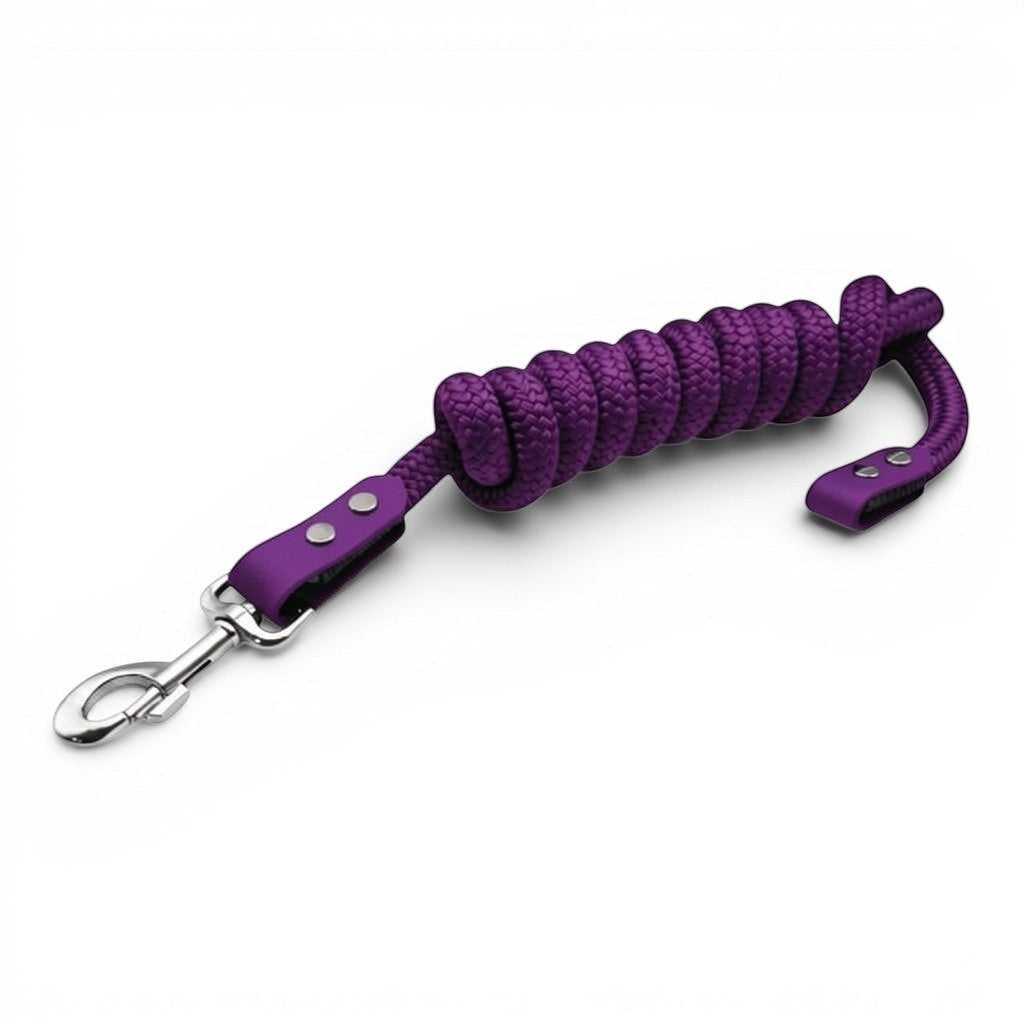 Ponies and Pups purple double braided PPM lead rope with BioThane detailing and a silver metal clip