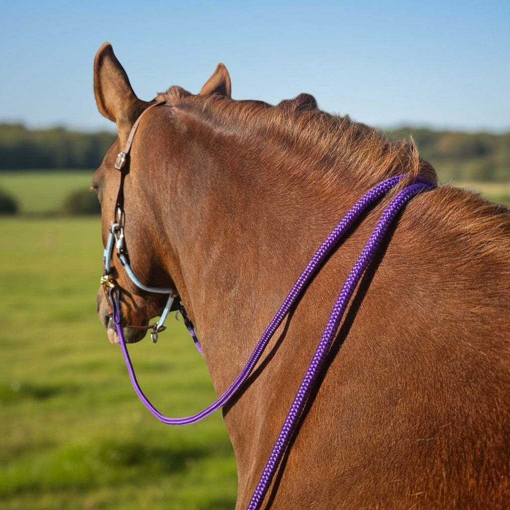 Ponies and Pups purple rope split reins on a chestnut horse in a field, featuring durable BioThane ends.