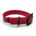 Ponies and Pups red BioThane adjustable dog collar with black buckle and D-ring. Waterproof and stink-proof.
