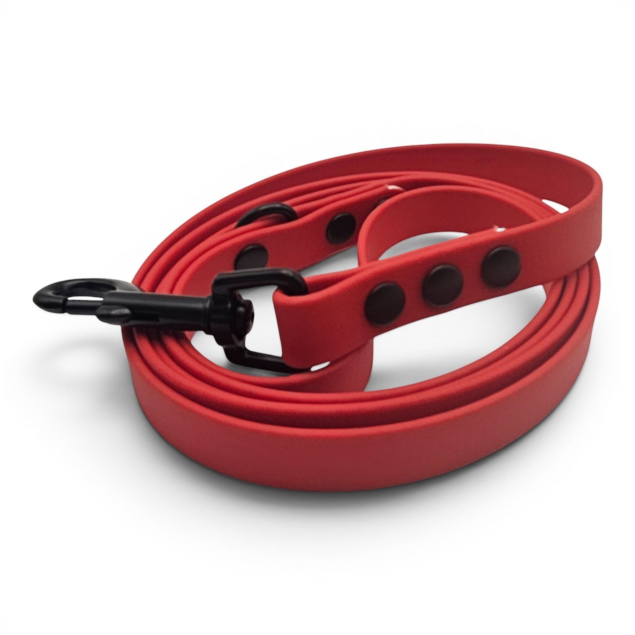 Ponies and Pups red BioThane dog lead with black hardware. Waterproof, stink-proof, and handcrafted.