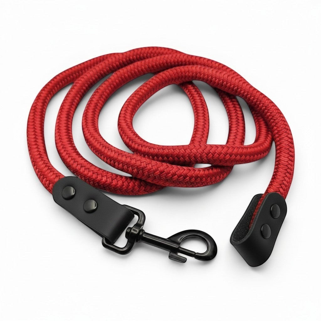 Ponies and Pups red double braided PPM lead rope with black BioThane detailing and a sturdy metal clip