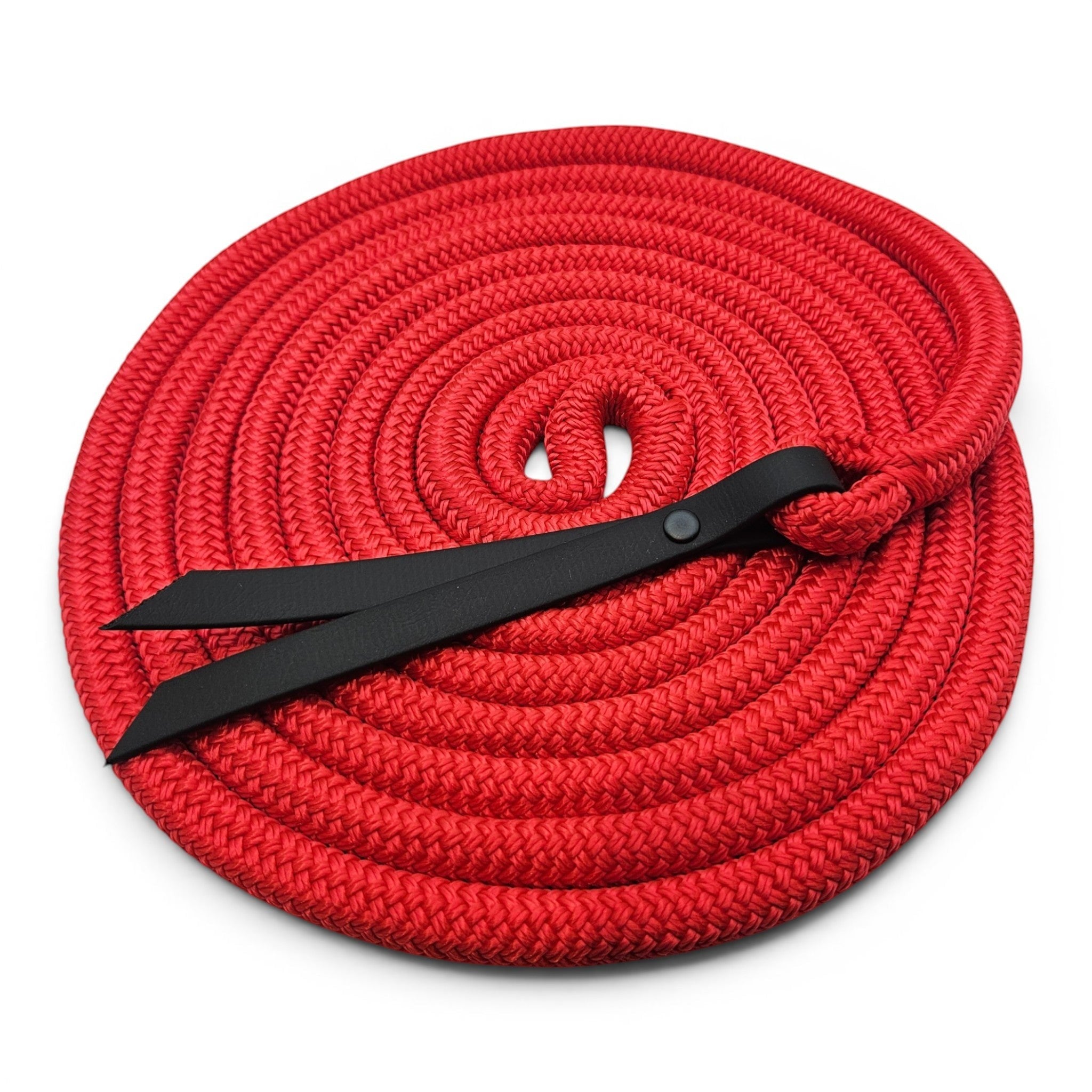 Ponies and Pups 15ft red all-weather groundwork rope with black BioThane popper, made from PPM double braid.