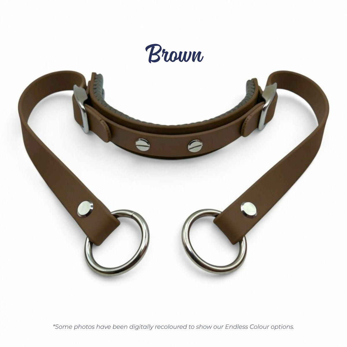 Rein Ready bitless headcollar adapter in Brown BioThane, digitally recoloured to show the colour option.