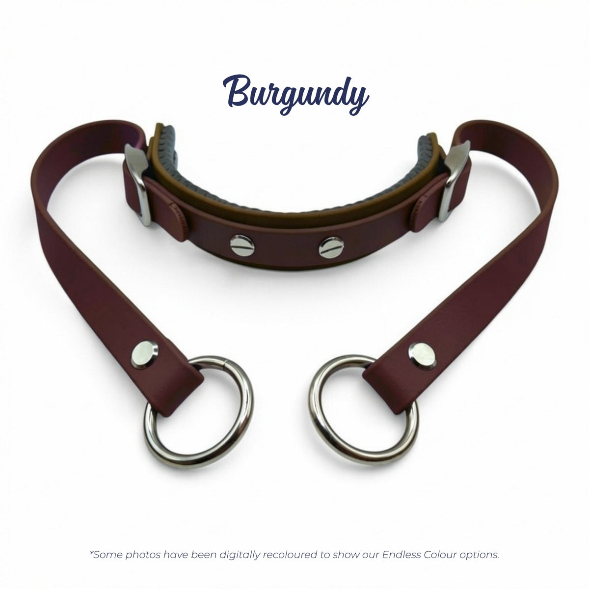 Rein Ready bitless headcollar adapter in Burgundy BioThane, digitally recoloured to show the colour option.
