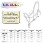 Ponies and Pups All Weather 6mm Rope Halter size guide with diagram and measurement chart.